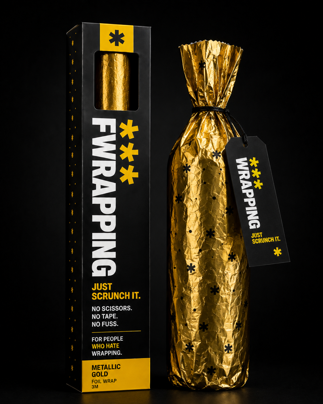 Bottle-shaped gift wrapped in plain opaque crinkled metallic gold foil