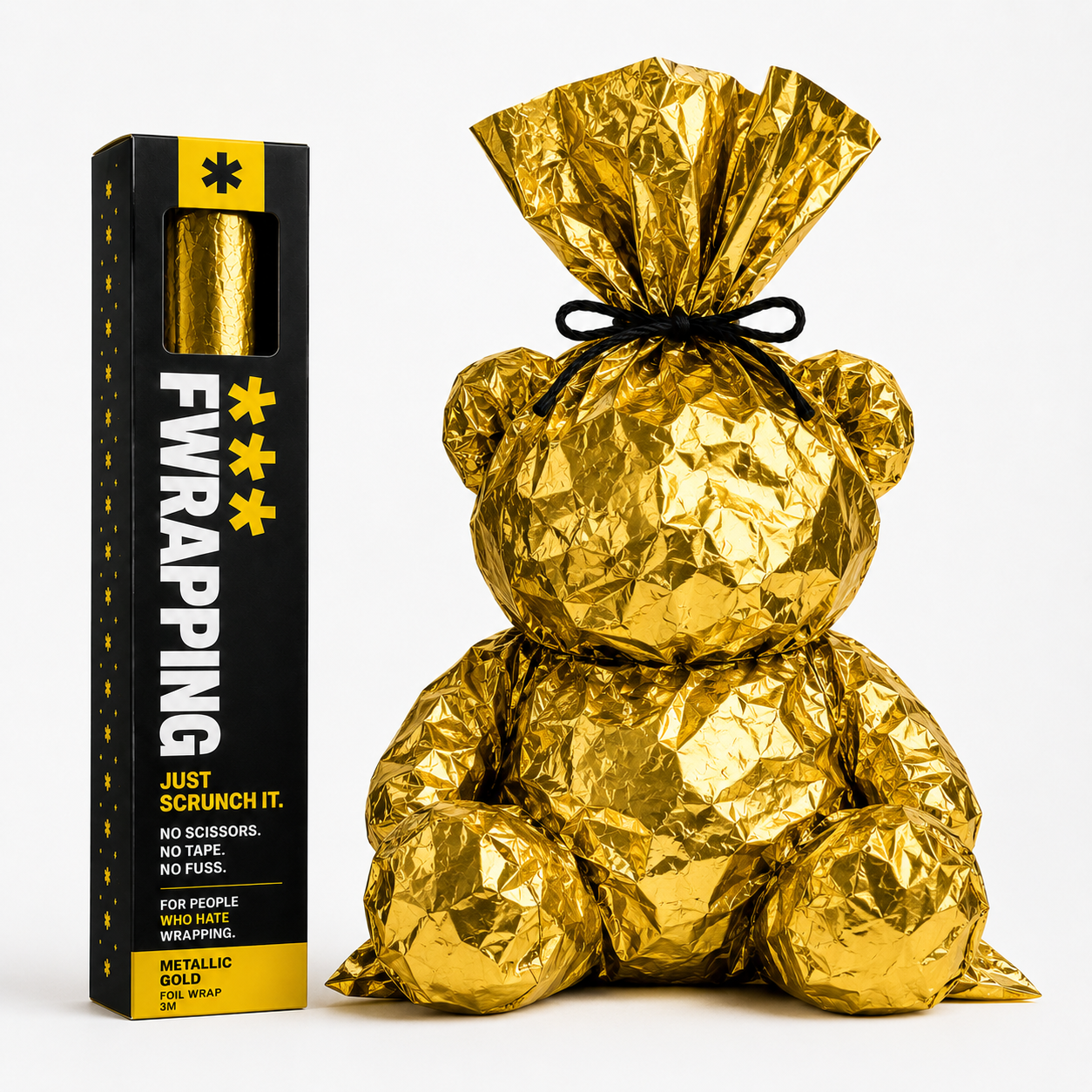Teddy bear wrapped in plain opaque crinkled metallic gold foil