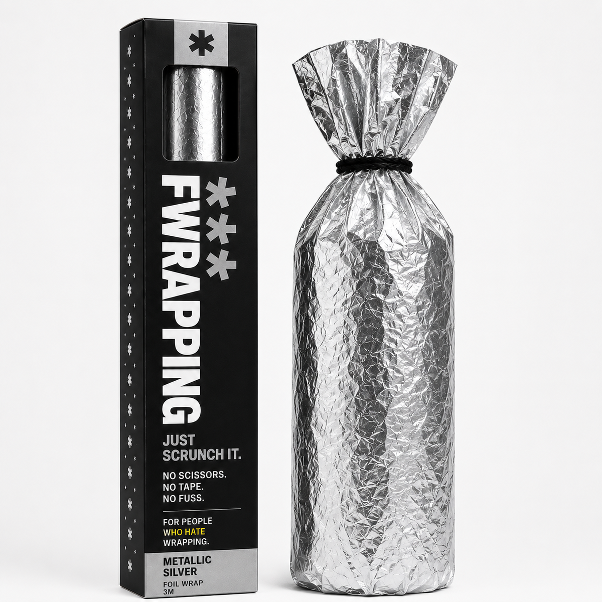 Bottle-shaped gift wrapped in plain opaque crinkled metallic silver foil