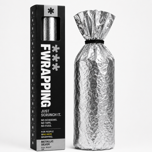Bottle-shaped gift wrapped in plain opaque crinkled metallic silver foil