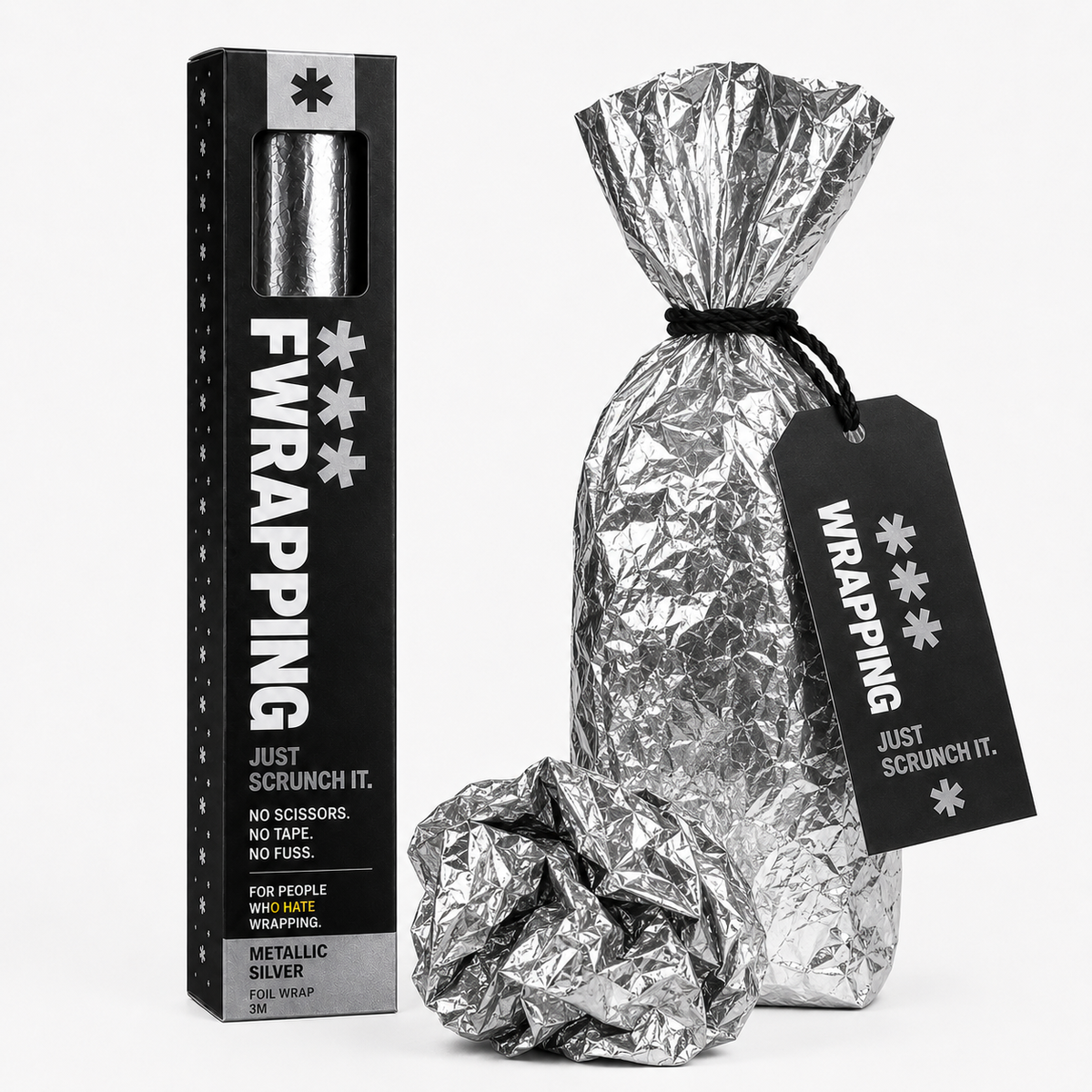 F*** Wrapping Metallic Silver product packaging with plain crinkled silver foil